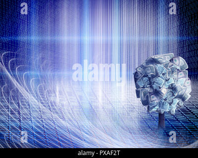 Arbre d'argent conceptuel avec dollar bills in abstract feux structurels avec code binaire Banque D'Images