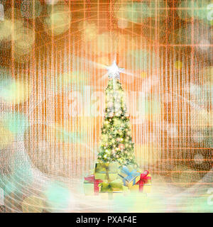 Close up conceptuel brillant décoration arbre de Noël en lumières structurelles abstraites et code binaire d'un et zéro Banque D'Images