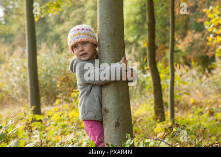 Les enfants jouent avec les feuilles d'automne en bois coloré. Météo : ensoleillé, sec, ciel bleu. Banque D'Images