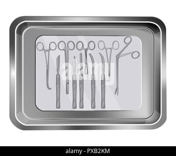 Les instruments chirurgicaux isolé sur fond blanc. Plateau avec scalpels, pinces et ciseaux. Illustration de Vecteur