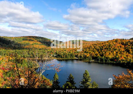 Vue d'ensemble d'une belle Forêt avec lac et ciel , Automne, Canada, Mauricie Banque D'Images