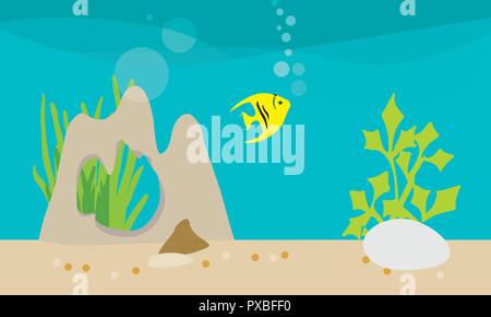 Modèle plat, illustration de la vie dans un aquarium avec des décorations, rock et les plantes, les poissons-anges et des bulles - vector Illustration de Vecteur