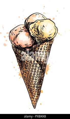 La crème glacée dans un cornet gaufré cup à partir d'une aquarelle de splash Illustration de Vecteur