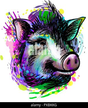 Portrait d'une tête de cochon. Signe du Zodiaque chinois de l'année Cochon Illustration de Vecteur
