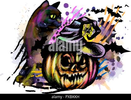 En citrouille Halloween Chapeau de sorcière et chat Illustration de Vecteur
