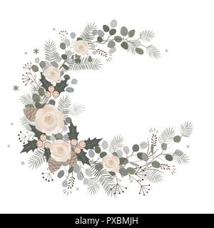 Joyeux Noël La conception de cartes. Décoration Nouvel An. Couronne d'hiver élégant avec des pins, des baies, des roses, et des branches d'eucalyptus sur fond noir. Vector Illustration de Vecteur