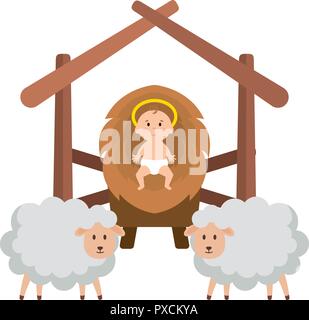 Jésus bébé en stable avec moutons Illustration de Vecteur