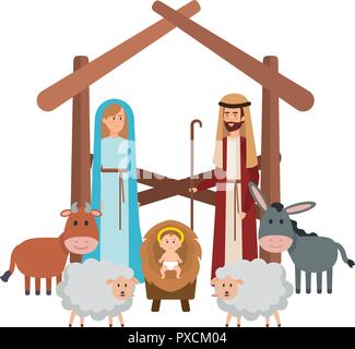 Sainte Famille avec des animaux personnages crèche Illustration de Vecteur