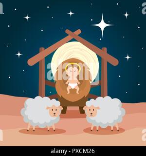 Jésus bébé en stable avec moutons Illustration de Vecteur