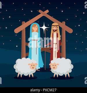 Vierge Marie et saint Joseph avec moutons Illustration de Vecteur