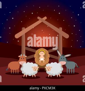 Jésus bébé en stable avec des moutons et des animaux Illustration de Vecteur