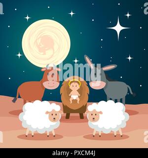 Jésus bébé en stable avec des moutons et des animaux Illustration de Vecteur