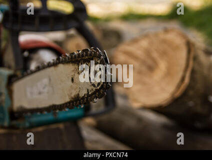 Chainsaw sur l'arrière-plan de grumes à sciages de bois de chauffage pour l'hiver. Banque D'Images