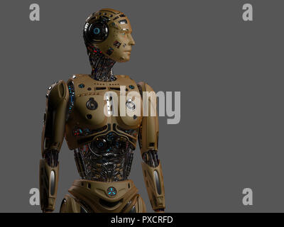 Robot futuriste Man. Cyborg détaillées. Haut du corps. Isolé sur fond gris. 3D Render. Banque D'Images