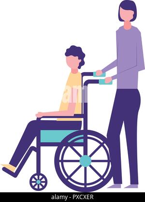 Les bénévoles aident les femmes qui ont l'homme en fauteuil roulant : vector illustration Illustration de Vecteur