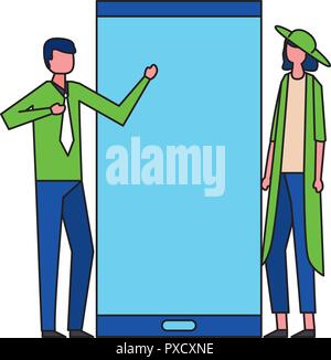 L'homme et de la femme à l'appareil mobile vector illustration Illustration de Vecteur