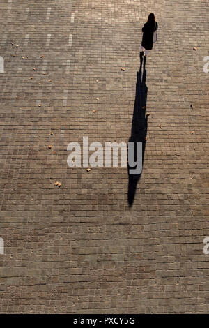 Une femme marche jette une ombre sur une longue après-midi d'automne Banque D'Images