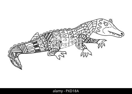 Crocodile stylisé isolé sur fond blanc. Croquis à main crocodile pour enfants à colorier. Illustration de Vecteur