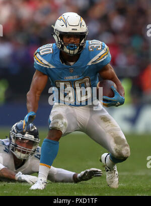 Austin Ekeler DE LA Chargers en action lors du match de la NFL International Series au stade Wembley, Londres. APPUYEZ SUR ASSOCIATION photo. Date de la photo: Dimanche 21 octobre 2018. Voir PA Story GRIDIRON London. Le crédit photo devrait se lire comme suit : Simon Cooper/PA Wire. Banque D'Images