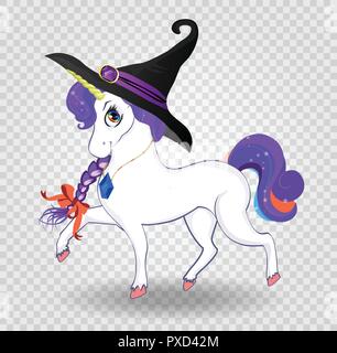 Vector illustration d'Halloween cute cartoon caractère unicorn magique avec cheveux violet en chapeau de sorcière sur fond transparent. Design pour les enfants, Illustration de Vecteur