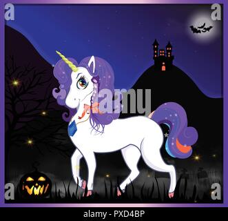 Vector cartoon Halloween illustration de la belle magie unicorn sur nuit pleine lune fond paysage effrayant avec château, chauve-souris, citrouille, cimetière Illustration de Vecteur