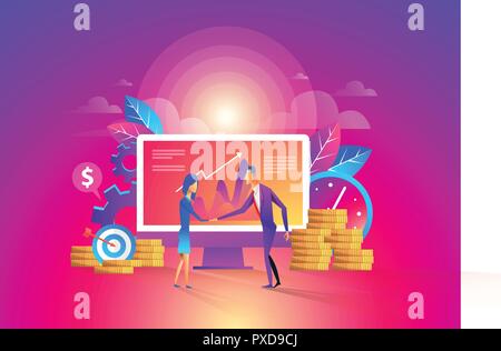 Concept d'investissement dans l'entreprise. Deux hommes se serrent la main, la signature de l'accord. Vector illustration dans un style. Illustration de Vecteur