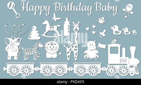 L'image avec l'inscription Joyeux anniversaire à bébé. Modèle avec vector illustration de jouets. Animaux sur le train. Pour la découpe laser, traceur et tr Illustration de Vecteur