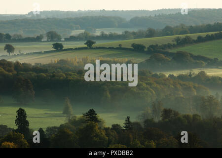 Morning Mist est suspendu dans les vallées du Parc National des South Downs sur un matin d'automne, près de Bishops Waltham, Hampshire, UK Samedi 20 Octobre, 2018 Banque D'Images