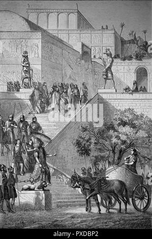 Vue extérieure représentant le palais assyrien de Kouyunjik dans Ninive, la haute Mésopotamie. Gravure sur bois (ch. 1870), 19e siècle. Banque D'Images