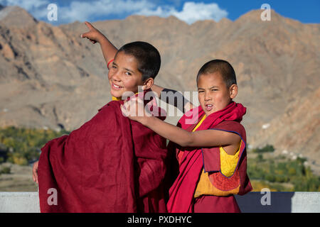 Aux jeunes moines regardant les montagnes, monastère de Phyang, Phyang (ou Phiyang) Gompa, Ladakh, Inde Banque D'Images
