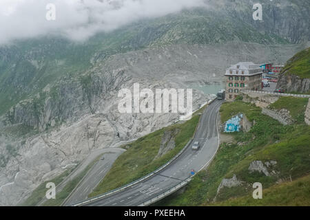 Vue panoramique sur Belvedere Hotel Furka et col de montagne, samedi 20 août 2016, col de la Furka, Suisse. Banque D'Images