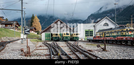 Des trains de montagne suisse stationné en gare, le lundi 30 octobre 2017, Grindelwald, Suisse. Banque D'Images