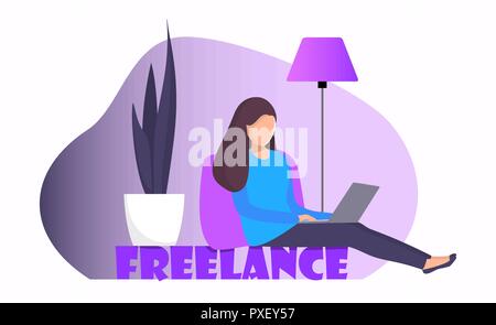 Femme freelancer assis à la maison avec un ordinateur portable. Fille avec coffre faisant le travail à distance. Le travail à la pige en ligne concept illustration pour la page web ou mobile ap Illustration de Vecteur