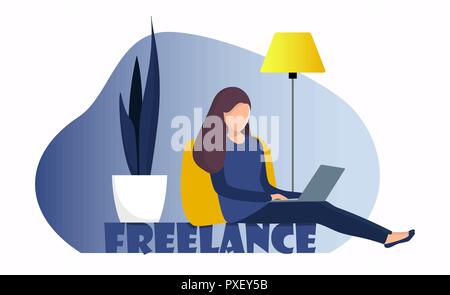 Femme freelancer assis à la maison avec un ordinateur portable. Fille avec coffre faisant le travail à distance. Le travail à la pige en ligne concept illustration pour la page web ou mobile ap Illustration de Vecteur