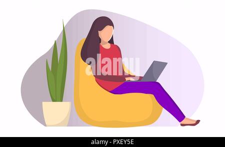 Femme assise dans un fauteuil avec sac ordinateur portable. Fille avec coffre faisant le travail à distance. Le travail à la pige en ligne concept illustration pour la page web ou application mobile. M Illustration de Vecteur