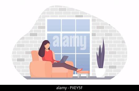 Femme assise sur une chaise par la fenêtre avec l'ordinateur portable. Fille avec coffre faisant le travail à distance. Le travail à la pige en ligne concept illustration pour la page web ou mob Illustration de Vecteur