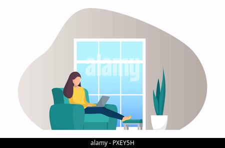 Femme assise sur une chaise par la fenêtre avec l'ordinateur portable. Fille avec coffre faisant le travail à distance. Le travail à la pige en ligne concept illustration pour la page web ou mob Illustration de Vecteur