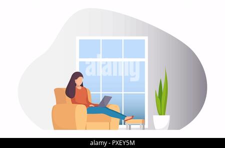 Femme assise sur une chaise par la fenêtre avec l'ordinateur portable. Fille avec coffre faisant le travail à distance. Le travail à la pige en ligne concept illustration pour la page web ou mob Illustration de Vecteur