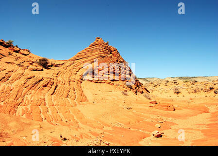 Un vieux jaune butte de roches sédimentaires dans le désert aride, avec un ciel bleu clair, en buttes Coyte, Vermillion Cliffs National Monument, Arizona, USA. Banque D'Images