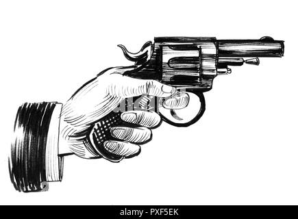 Main tenant un revolver fusil. Dessin noir et blanc Encre Banque D'Images