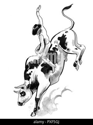 Équitation Cowboy un taureau sauvage. Illustration noir et blanc Encre Banque D'Images