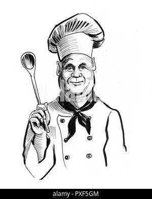 Chef de caractère avec une cuillère. Illustration noir et blanc Encre Banque D'Images