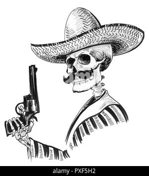 Mexicain à mort avec un pistolet revolver sombrero. Illustration noir et blanc Encre Banque D'Images