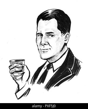 Monsieur avec un verre de whisky. Illustration noir et blanc Encre Banque D'Images