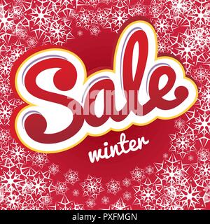 Vector illustration d'un hiver enneigé. Flocons sur fond rouge et texte vente l'hiver. Illustration de Vecteur