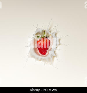 Des fraises rouges frais splash dans le lait blanc et affichés directement d'en haut Banque D'Images
