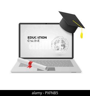 Concept d'éducation en ligne. Ordinateur portable avec graduation Cap et diplôme. Vector illustration Illustration de Vecteur