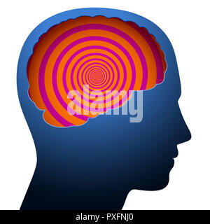 Confusion mentale, d'étourdissements, symbolisé par une spirale psychédélique dans le cerveau d'une jeune personne. Banque D'Images