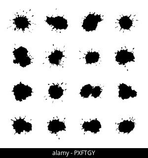Ensemble de 16 gouttes abstrait noir, Aquarelle peint, Isolated on White Banque D'Images