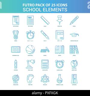 25 Vert et Bleu Futuro Éléments École Icon Pack Illustration de Vecteur